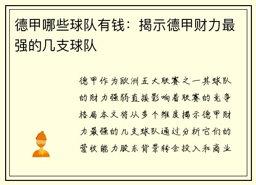 德甲哪些球队有钱：揭示德甲财力最强的几支球队