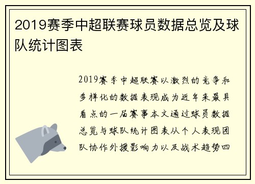 2019赛季中超联赛球员数据总览及球队统计图表