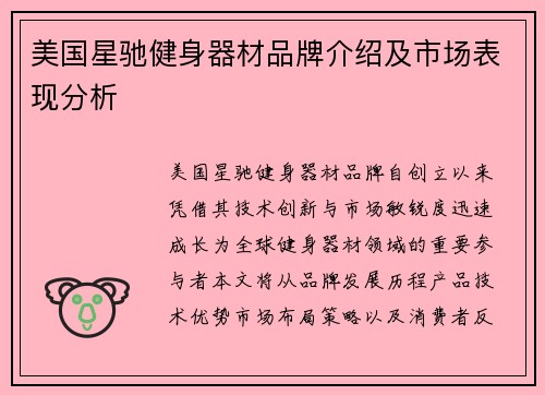 美国星驰健身器材品牌介绍及市场表现分析