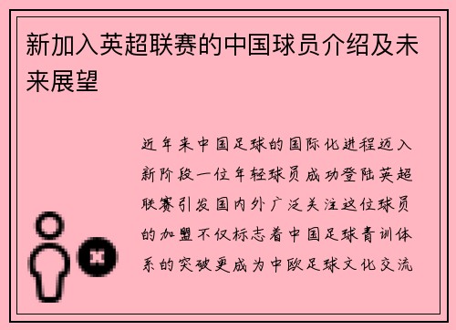 新加入英超联赛的中国球员介绍及未来展望